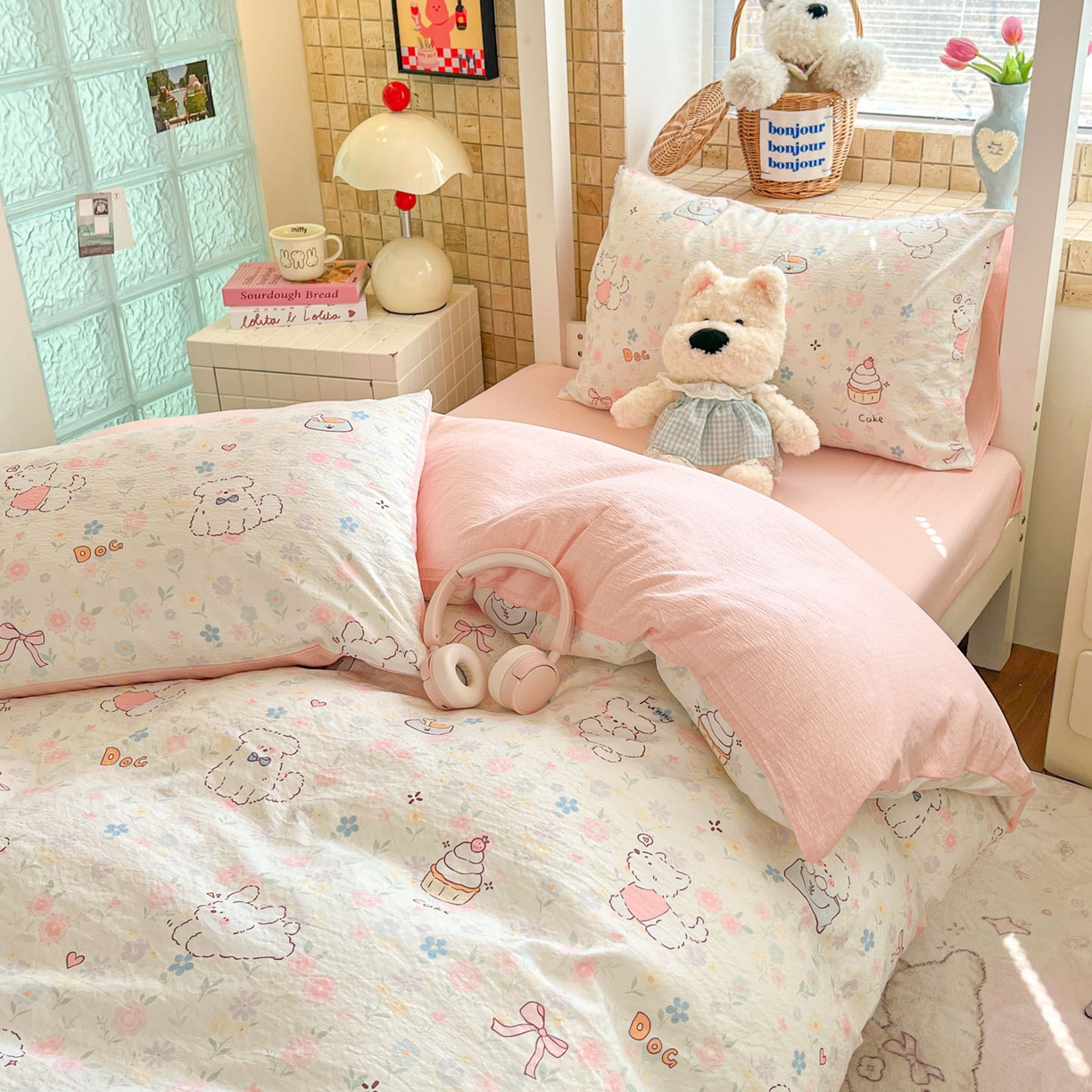 91家纺网 家纺一手货源 找家纺 川悦生活 2026新款双层纱皱皱纱学生床三件套 嘟嘟花园