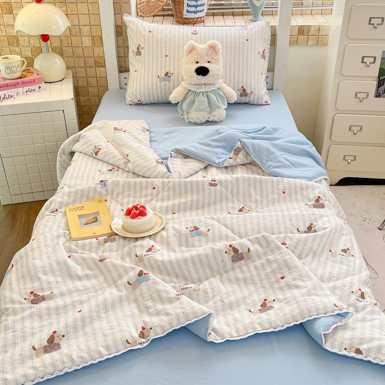 川悦生活 2026春夏新款双层纱皱皱纱学生床夏被夏凉被空调被三件套 夏被腊肠甜心