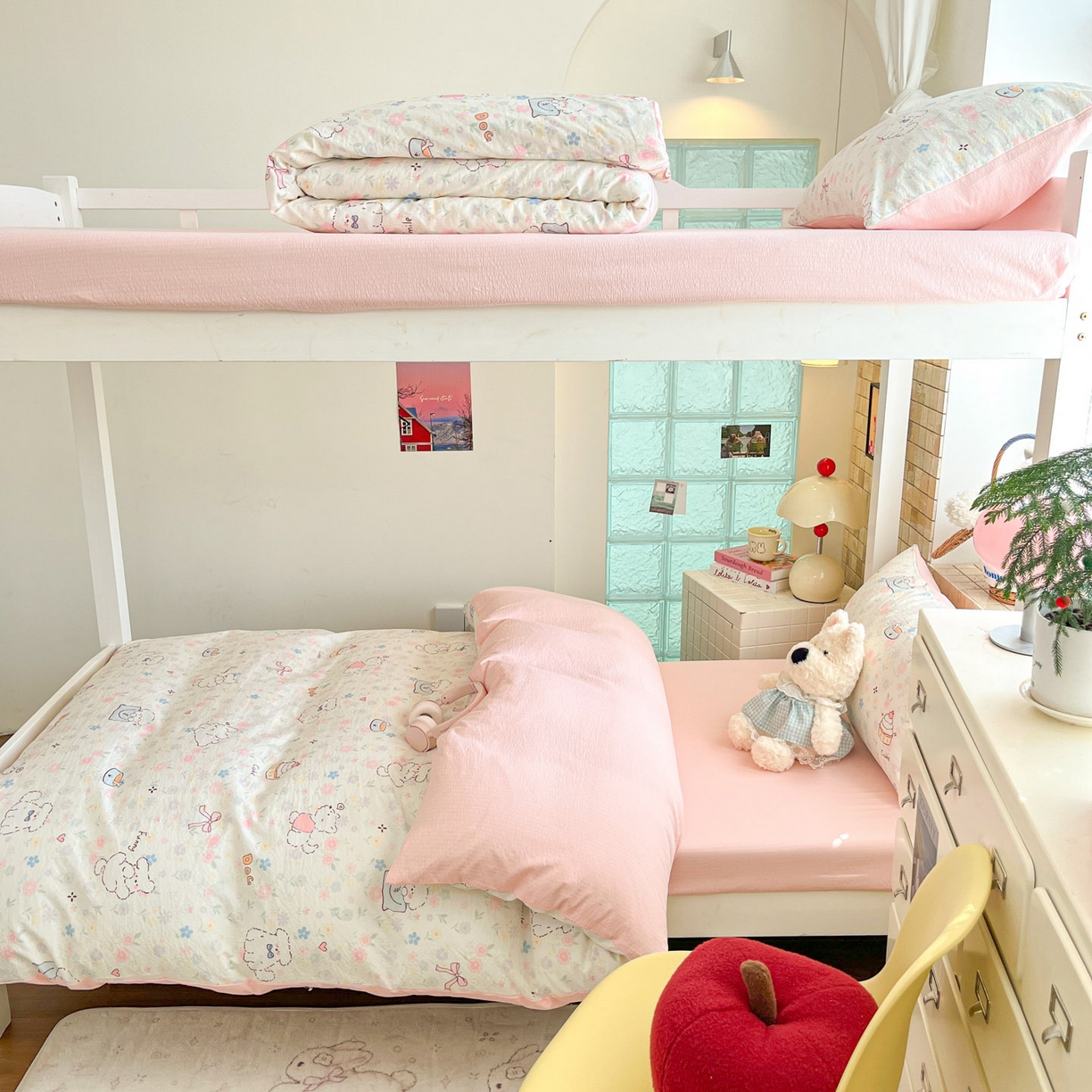 91家纺网 家纺一手货源 找家纺 川悦生活 2026新款双层纱皱皱纱学生床三件套 嘟嘟花园