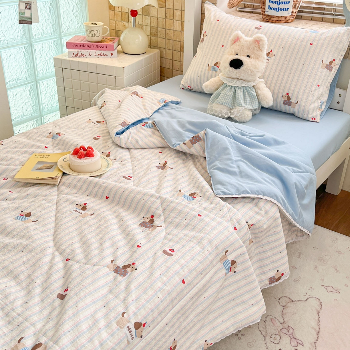 91家纺网 家纺一手货源 找家纺 川悦生活 2026春夏新款双层纱皱皱纱学生床夏被夏凉被空调被三件套 夏被腊肠甜心