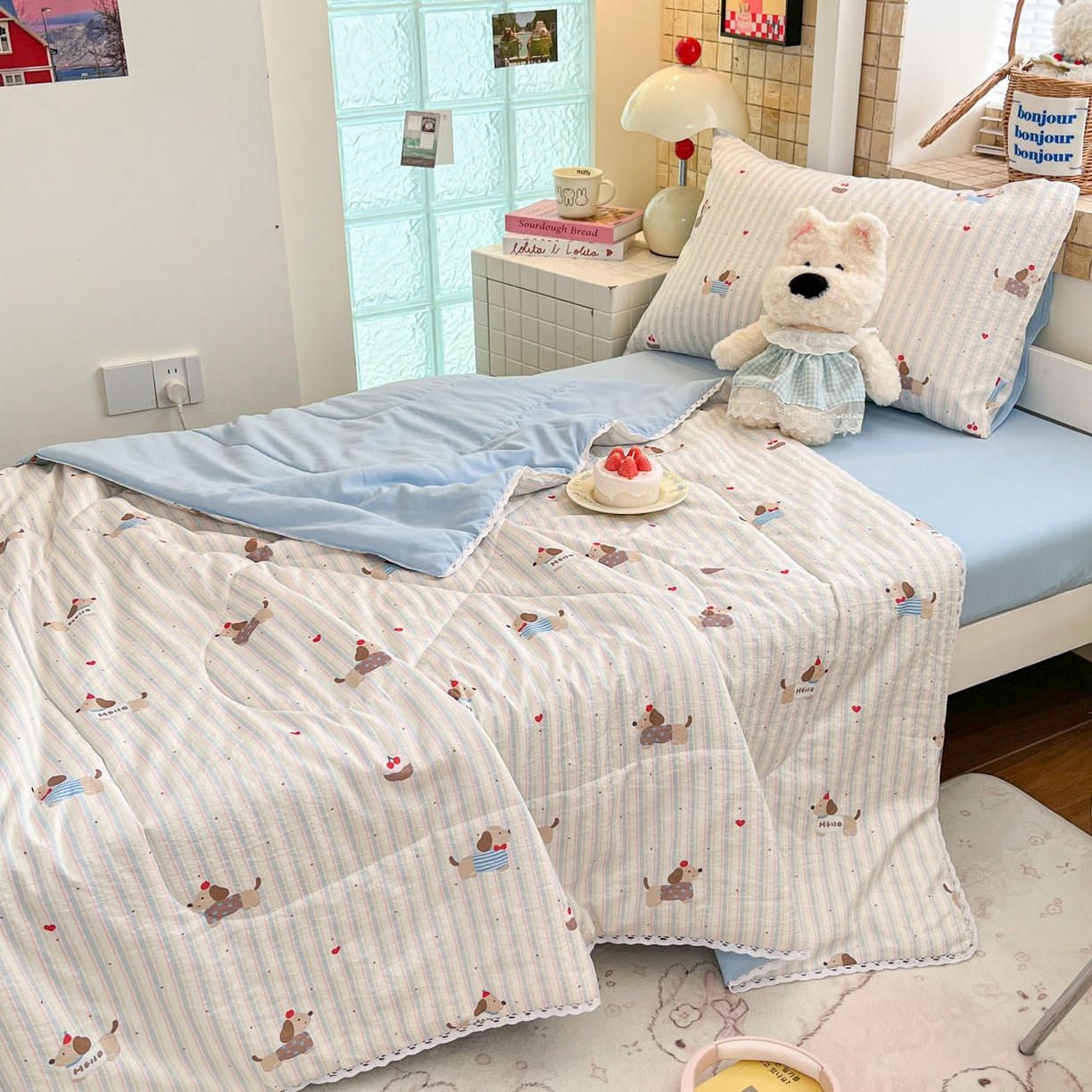 91家纺网 家纺一手货源 找家纺 川悦生活 2026春夏新款双层纱皱皱纱学生床夏被夏凉被空调被三件套 夏被腊肠甜心