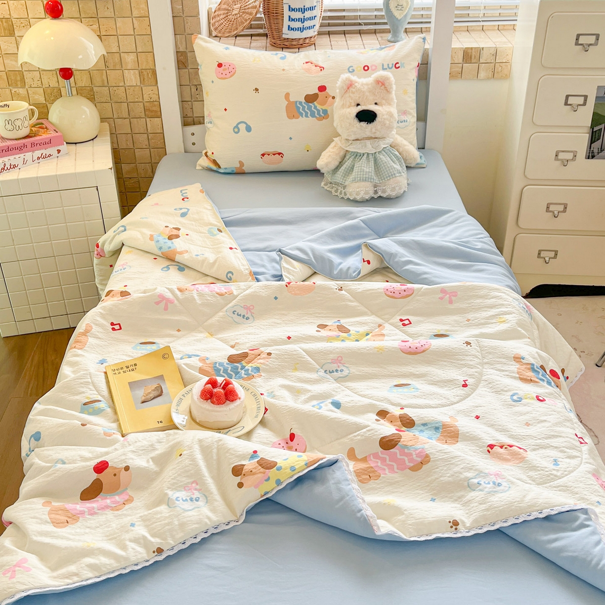 川悦生活 2026春夏新款双层纱皱皱纱学生床夏被夏凉被空调被三件套 夏被腊肠庄园