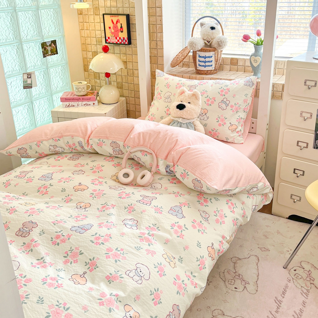 91家纺网 家纺一手货源 找家纺 川悦生活 2026新款双层纱皱皱纱学生床三件套 花都小狗