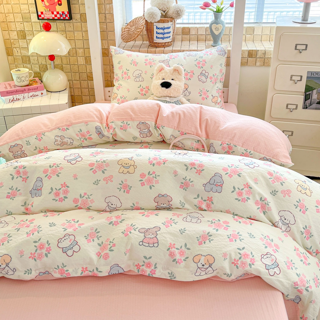 91家纺网 家纺一手货源 找家纺 川悦生活 2026新款双层纱皱皱纱学生床三件套 花都小狗