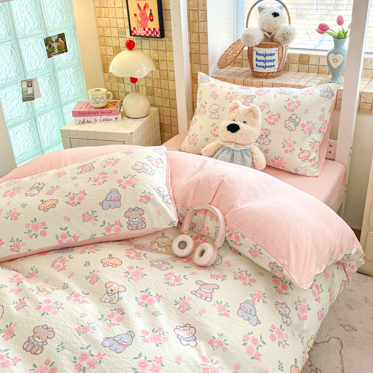 91家纺网 家纺一手货源 找家纺 川悦生活 2026新款双层纱皱皱纱学生床三件套 花都小狗