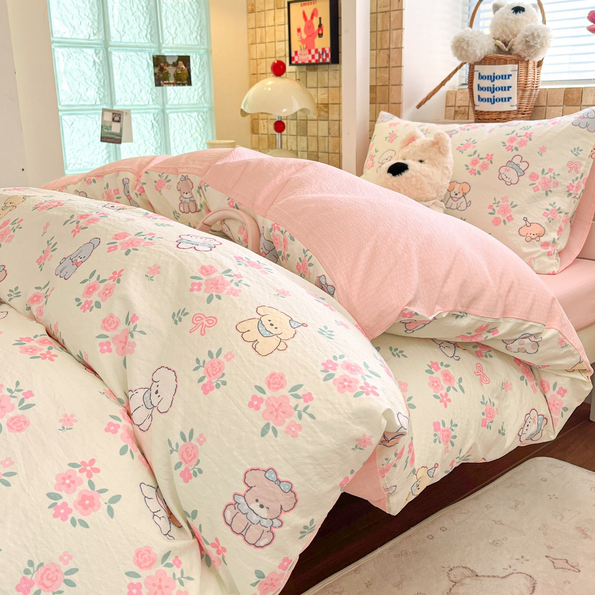 91家纺网 家纺一手货源 找家纺 川悦生活 2026新款双层纱皱皱纱学生床三件套 花都小狗