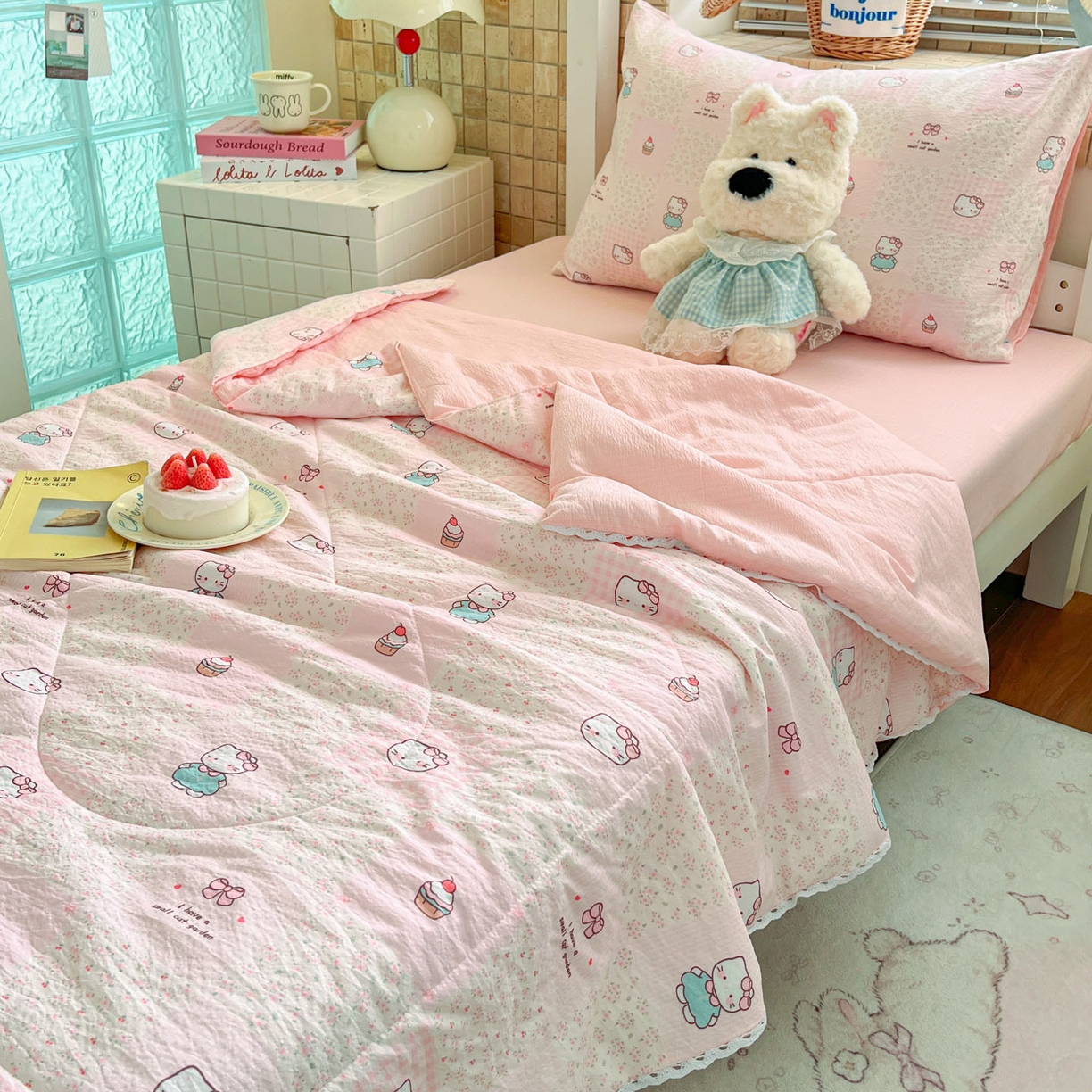 91家纺网 家纺一手货源 找家纺 川悦生活 2026春夏新款双层纱皱皱纱学生床夏被夏凉被空调被三件套 夏被奶油糕糕喵