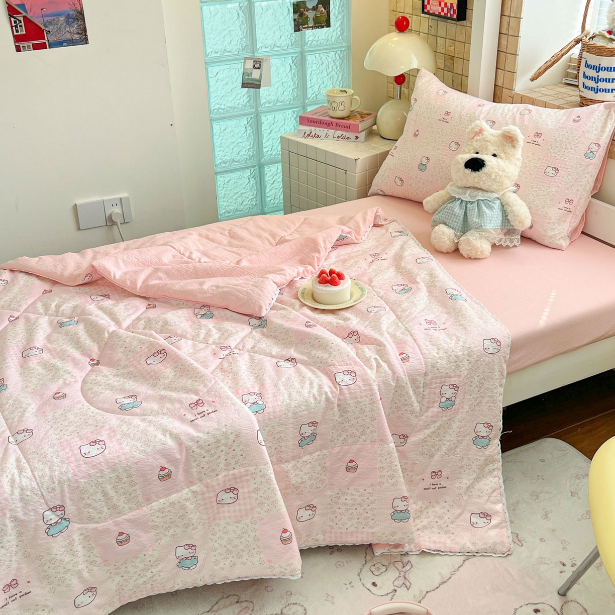 91家纺网 家纺一手货源 找家纺 川悦生活 2026春夏新款双层纱皱皱纱学生床夏被夏凉被空调被三件套 夏被奶油糕糕喵