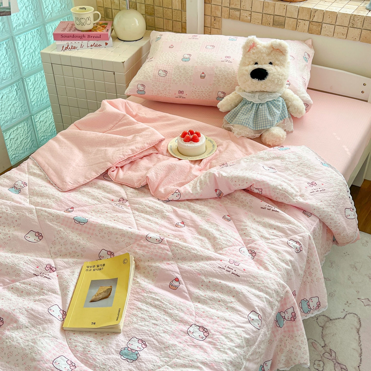 91家纺网 家纺一手货源 找家纺 川悦生活 2026春夏新款双层纱皱皱纱学生床夏被夏凉被空调被三件套 夏被奶油糕糕喵