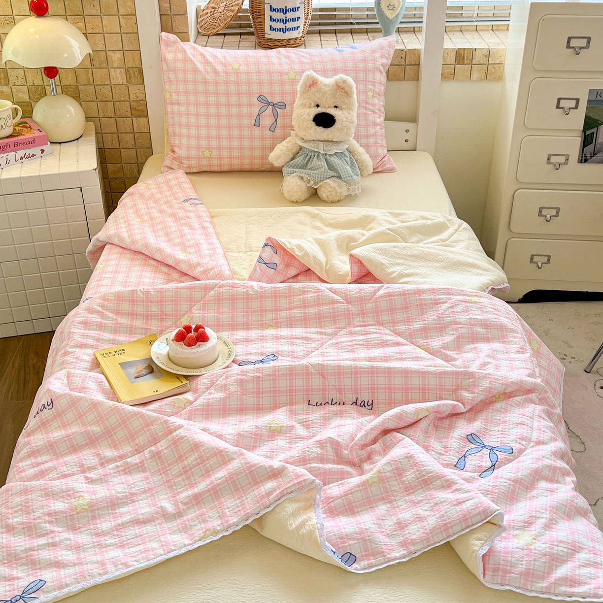 川悦生活 2026春夏新款双层纱皱皱纱学生床夏被夏凉被空调被三件套 夏被奶油可盐