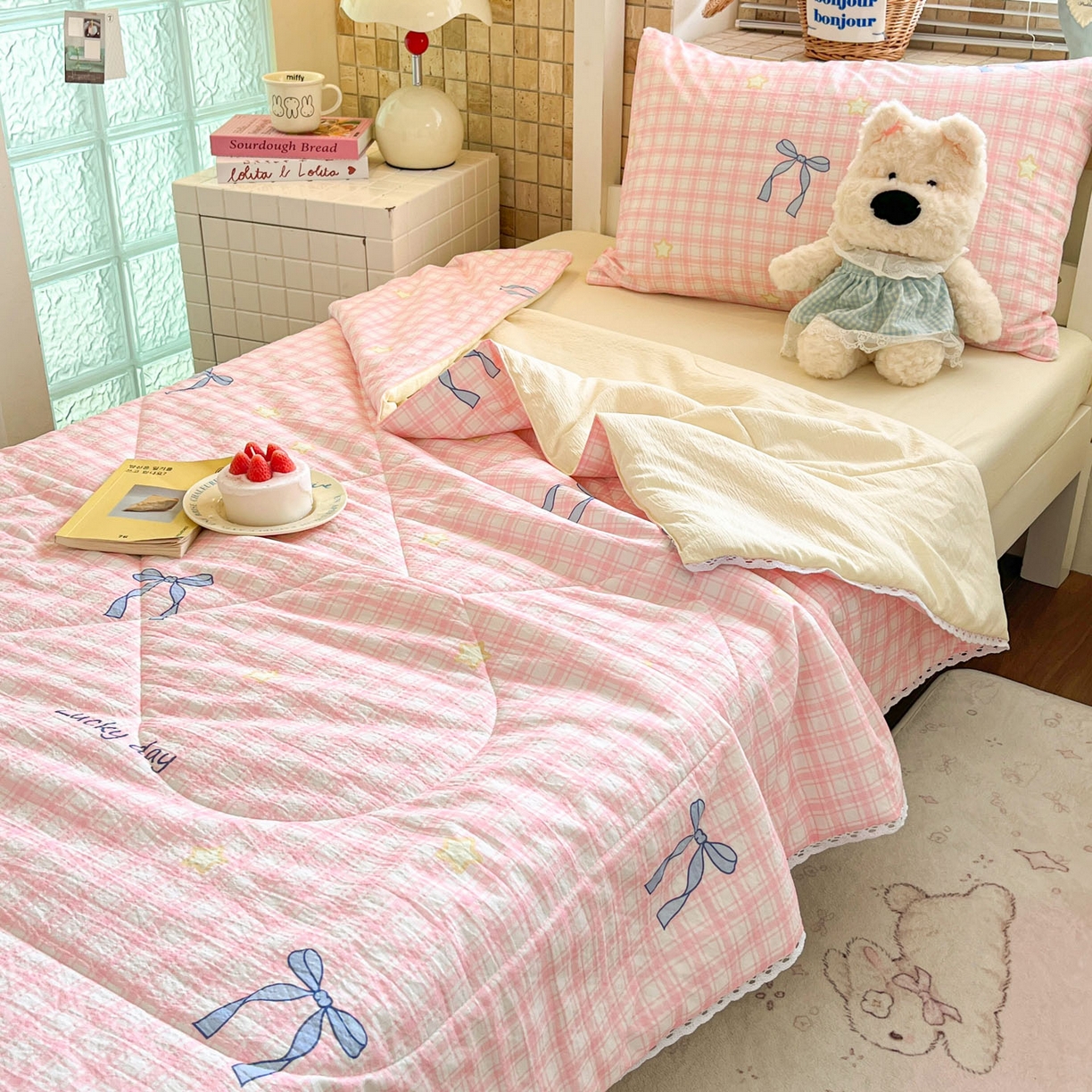 91家纺网 家纺一手货源 找家纺 川悦生活 2026春夏新款双层纱皱皱纱学生床夏被夏凉被空调被三件套 夏被奶油可盐