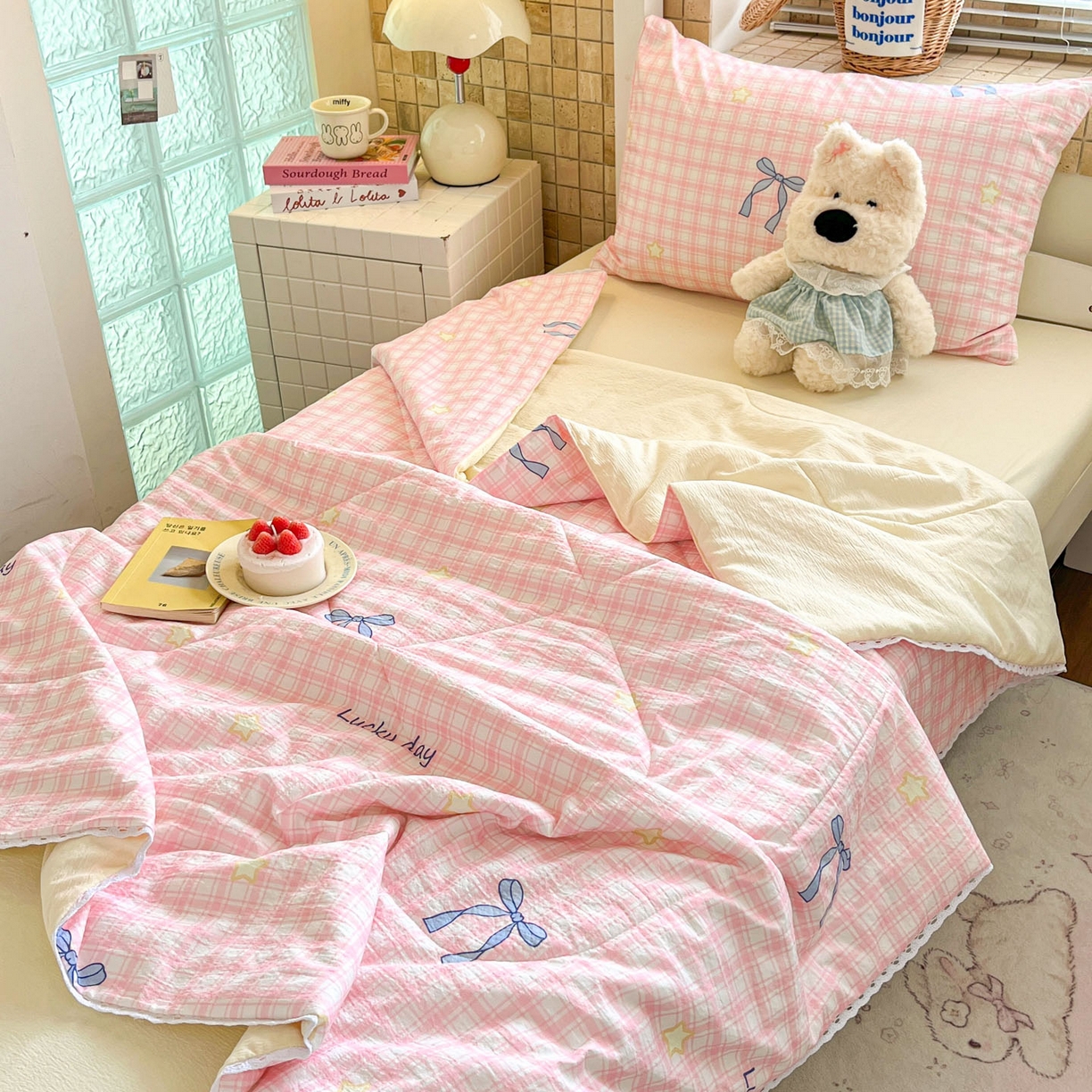 91家纺网 家纺一手货源 找家纺 川悦生活 2026春夏新款双层纱皱皱纱学生床夏被夏凉被空调被三件套 夏被奶油可盐