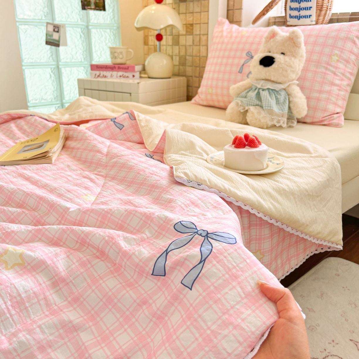 91家纺网 家纺一手货源 找家纺 川悦生活 2026春夏新款双层纱皱皱纱学生床夏被夏凉被空调被三件套 夏被奶油可盐