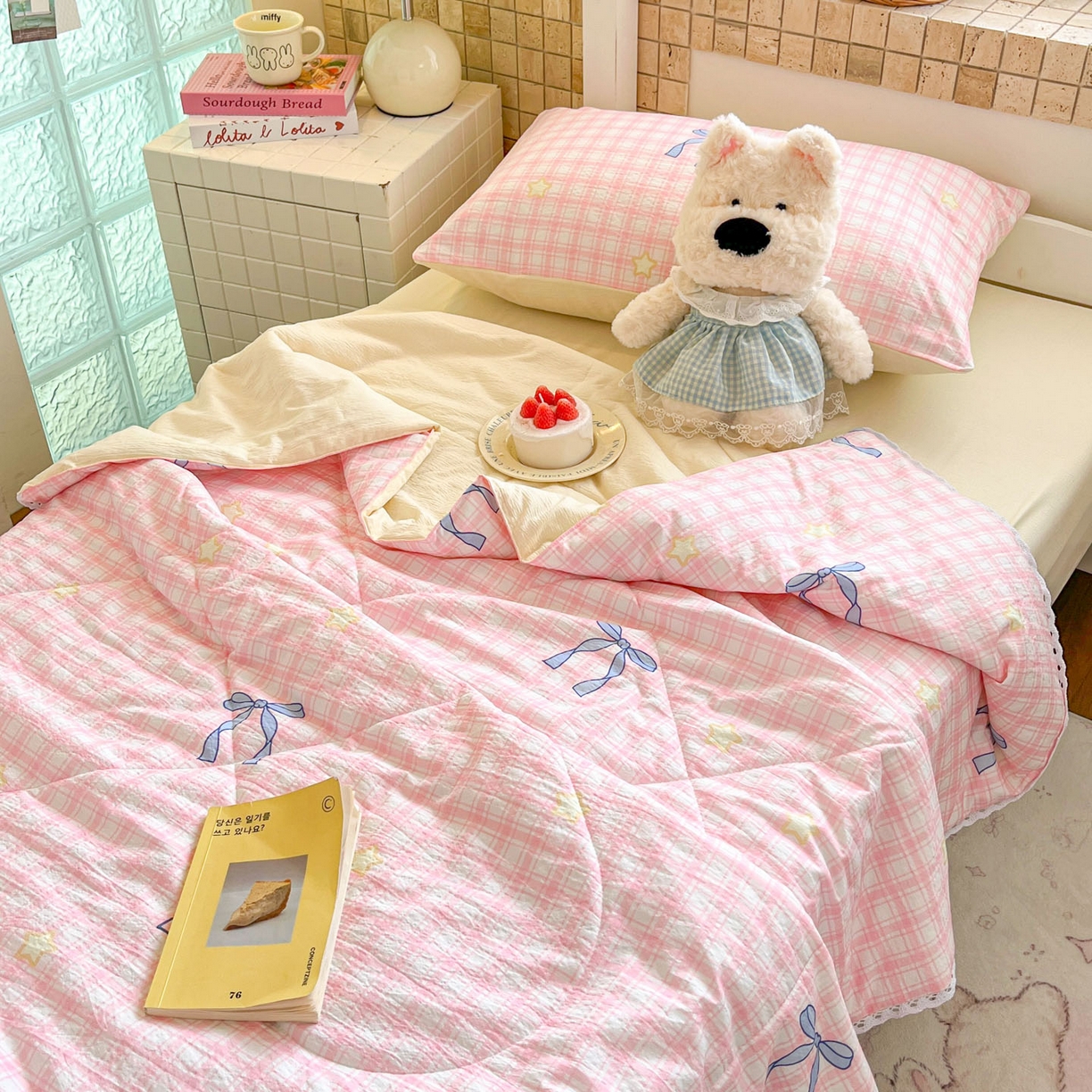 91家纺网 家纺一手货源 找家纺 川悦生活 2026春夏新款双层纱皱皱纱学生床夏被夏凉被空调被三件套 夏被奶油可盐