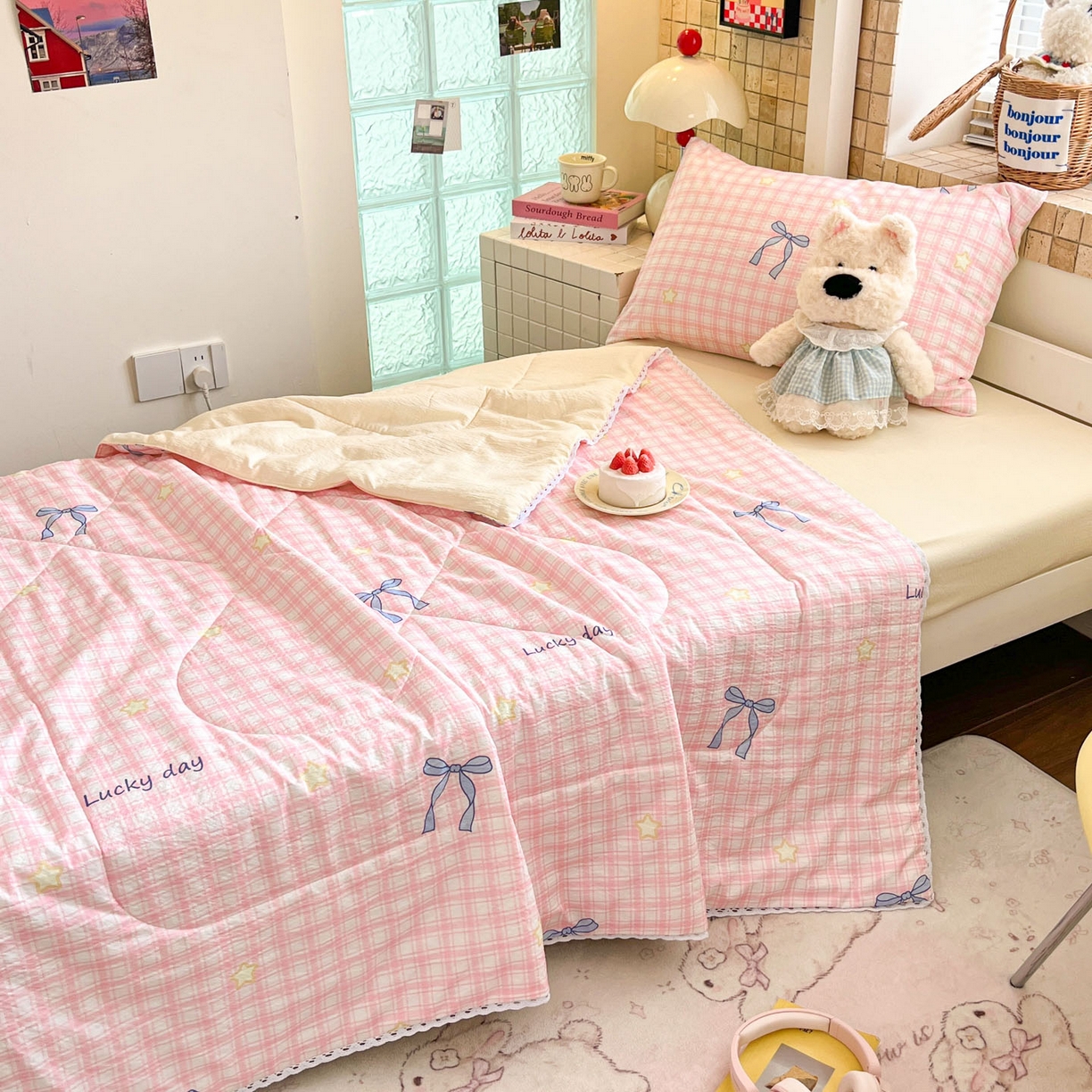 91家纺网 家纺一手货源 找家纺 川悦生活 2026春夏新款双层纱皱皱纱学生床夏被夏凉被空调被三件套 夏被奶油可盐