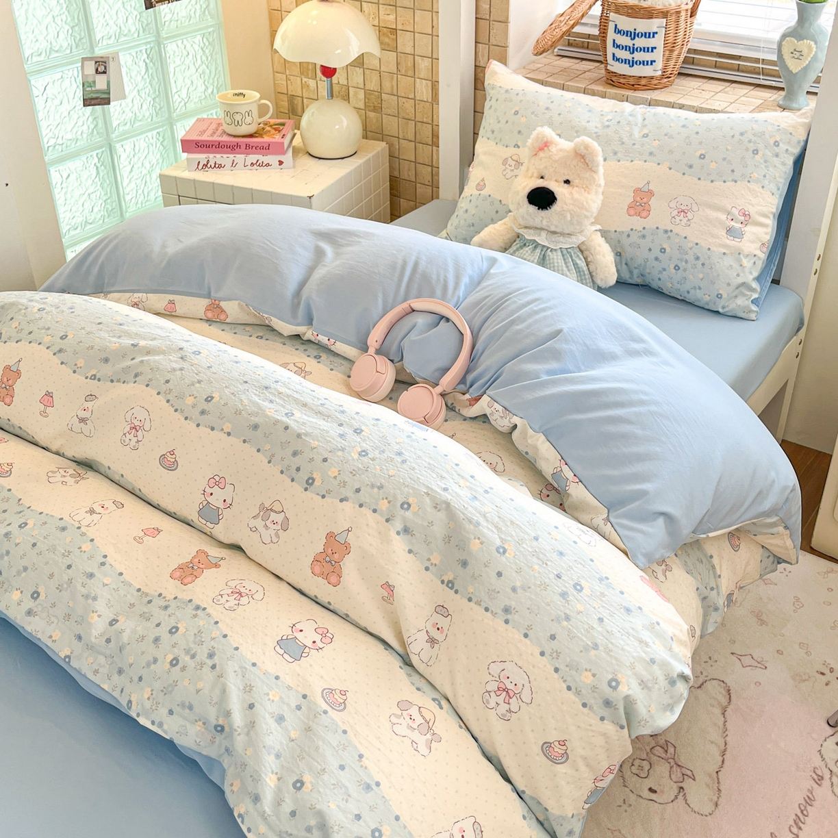 91家纺网 家纺一手货源 找家纺 川悦生活 2026新款双层纱皱皱纱学生床三件套 花田乐园