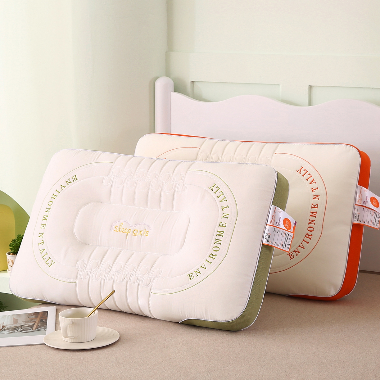 91家纺网 家纺一手货源 找家纺 爱来伊家纺 2026新款英文刺绣按摩枕枕头枕芯 英文刺绣按摩枕-橙色