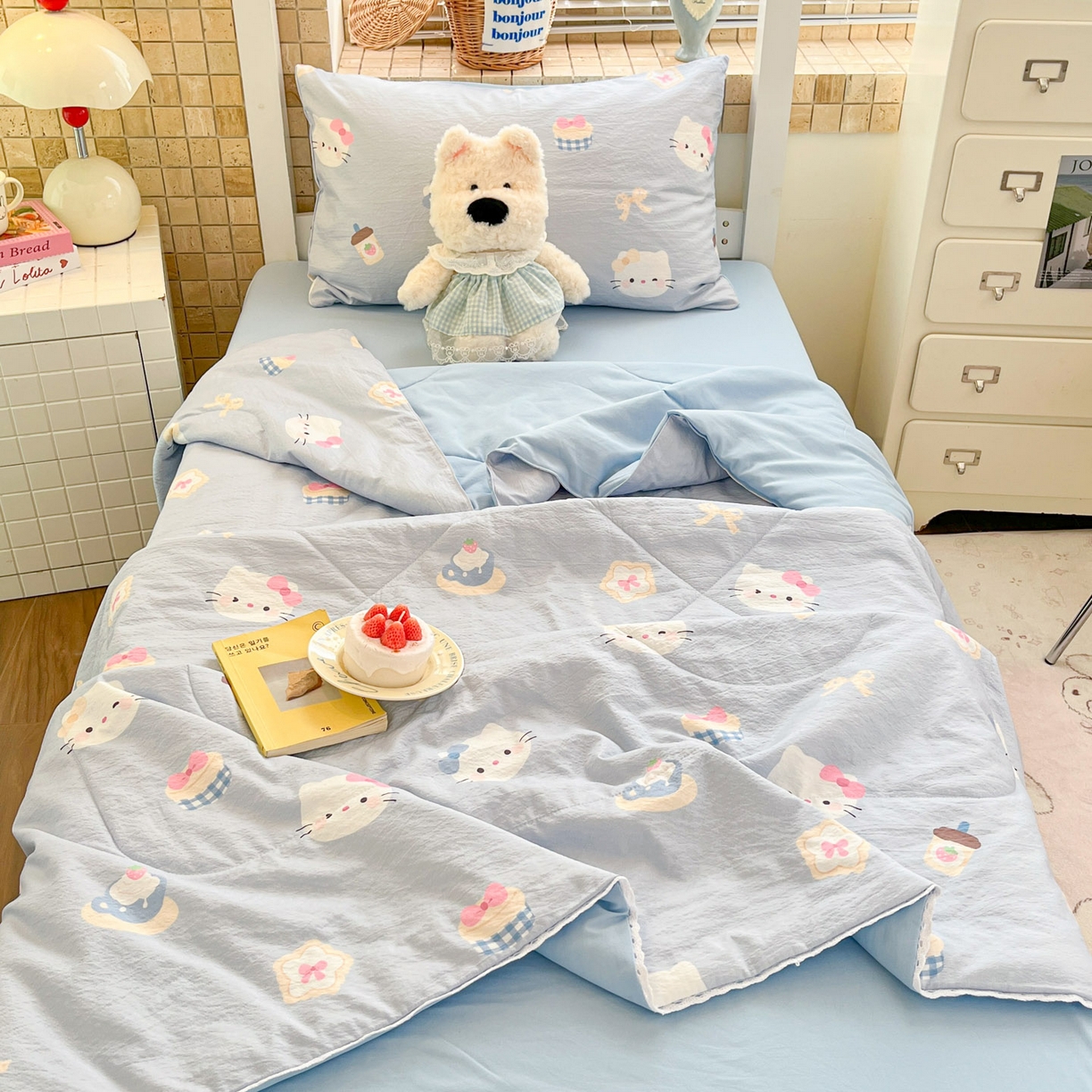 川悦生活 2026春夏新款双层纱皱皱纱学生床夏被夏凉被空调被三件套 夏被汽水小咪