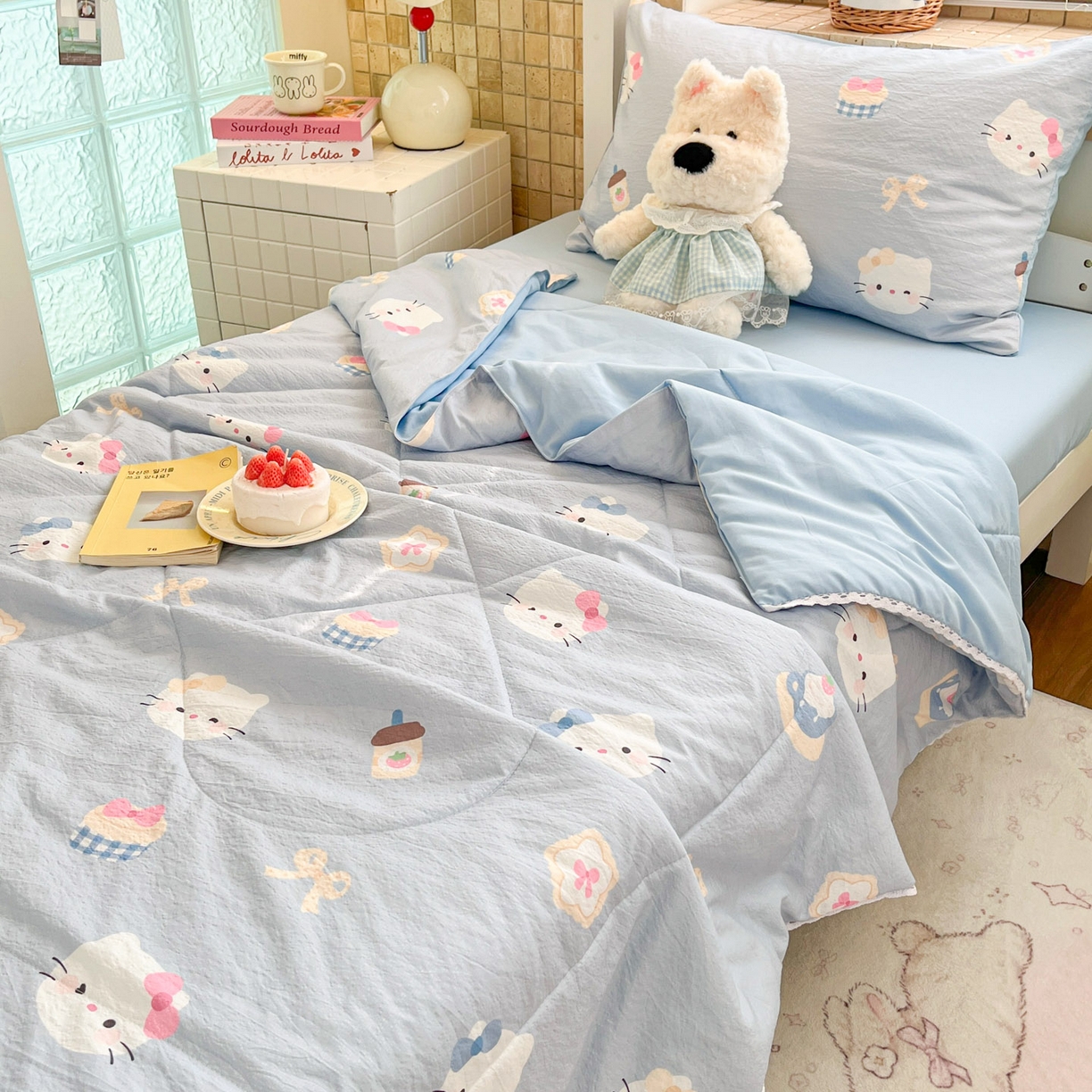 91家纺网 家纺一手货源 找家纺 川悦生活 2026春夏新款双层纱皱皱纱学生床夏被夏凉被空调被三件套 夏被汽水小咪