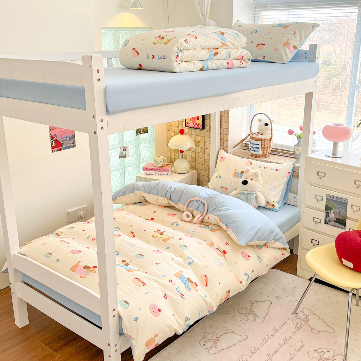 川悦生活 2026新款双层纱皱皱纱学生床三件套 腊肠庄园