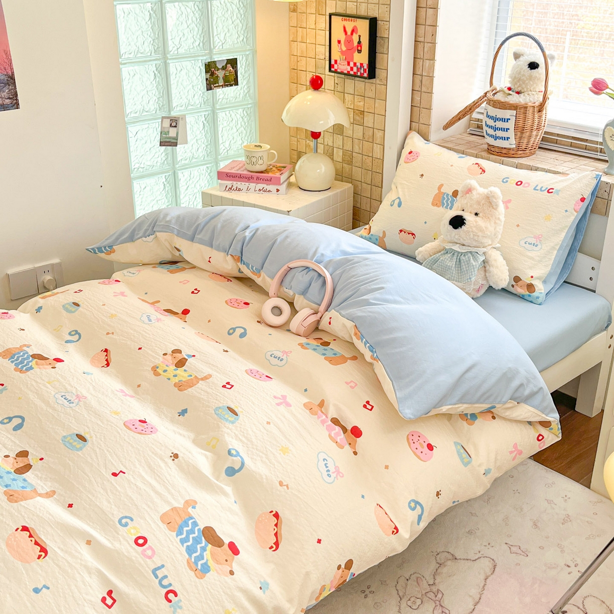 91家纺网 家纺一手货源 找家纺 川悦生活 2026新款双层纱皱皱纱学生床三件套 腊肠庄园