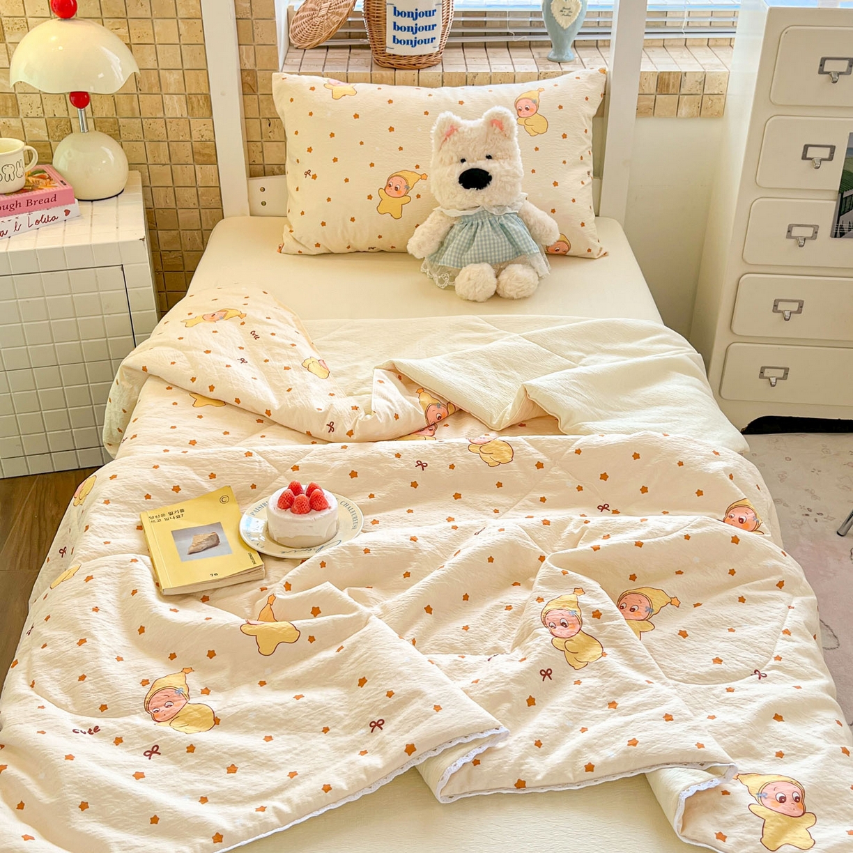 川悦生活 2026春夏新款双层纱皱皱纱学生床夏被夏凉被空调被三件套 夏被恰星星