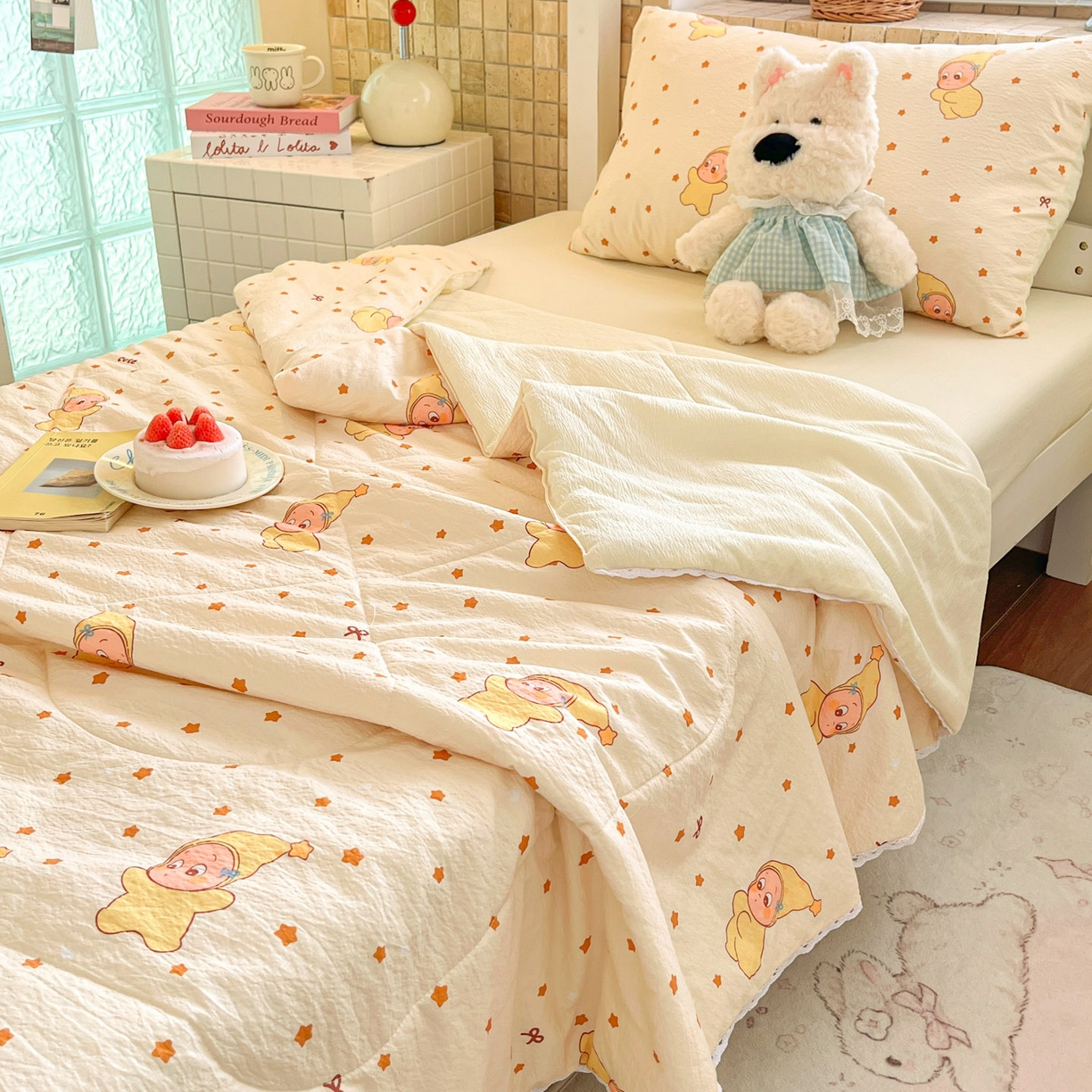 91家纺网 家纺一手货源 找家纺 川悦生活 2026春夏新款双层纱皱皱纱学生床夏被夏凉被空调被三件套 夏被恰星星