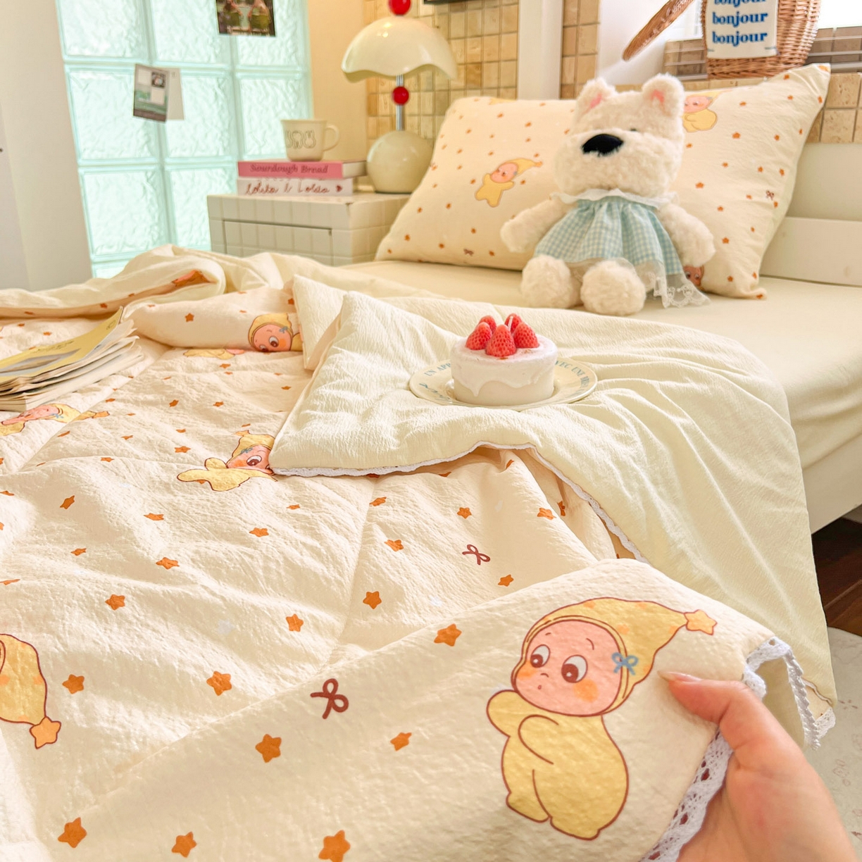 91家纺网 家纺一手货源 找家纺 川悦生活 2026春夏新款双层纱皱皱纱学生床夏被夏凉被空调被三件套 夏被恰星星