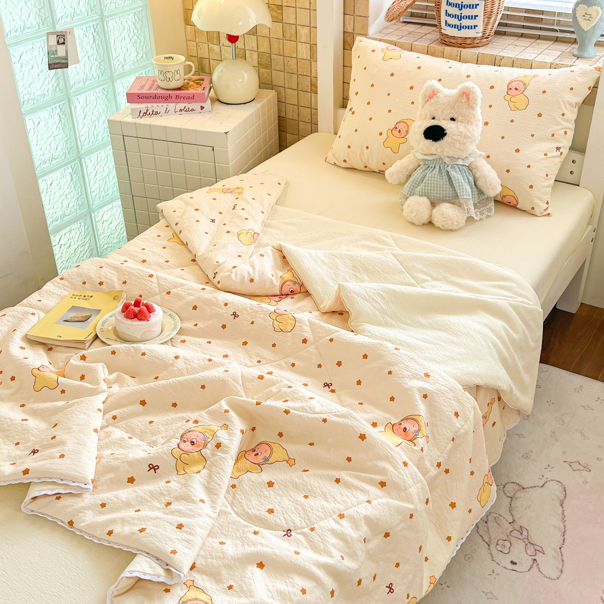 91家纺网 家纺一手货源 找家纺 川悦生活 2026春夏新款双层纱皱皱纱学生床夏被夏凉被空调被三件套 夏被恰星星