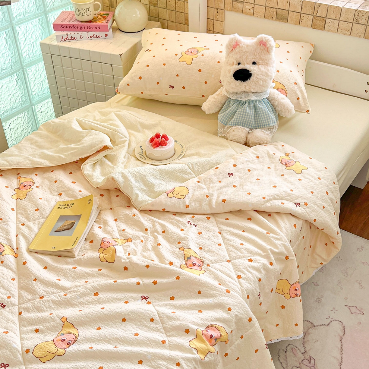 91家纺网 家纺一手货源 找家纺 川悦生活 2026春夏新款双层纱皱皱纱学生床夏被夏凉被空调被三件套 夏被恰星星