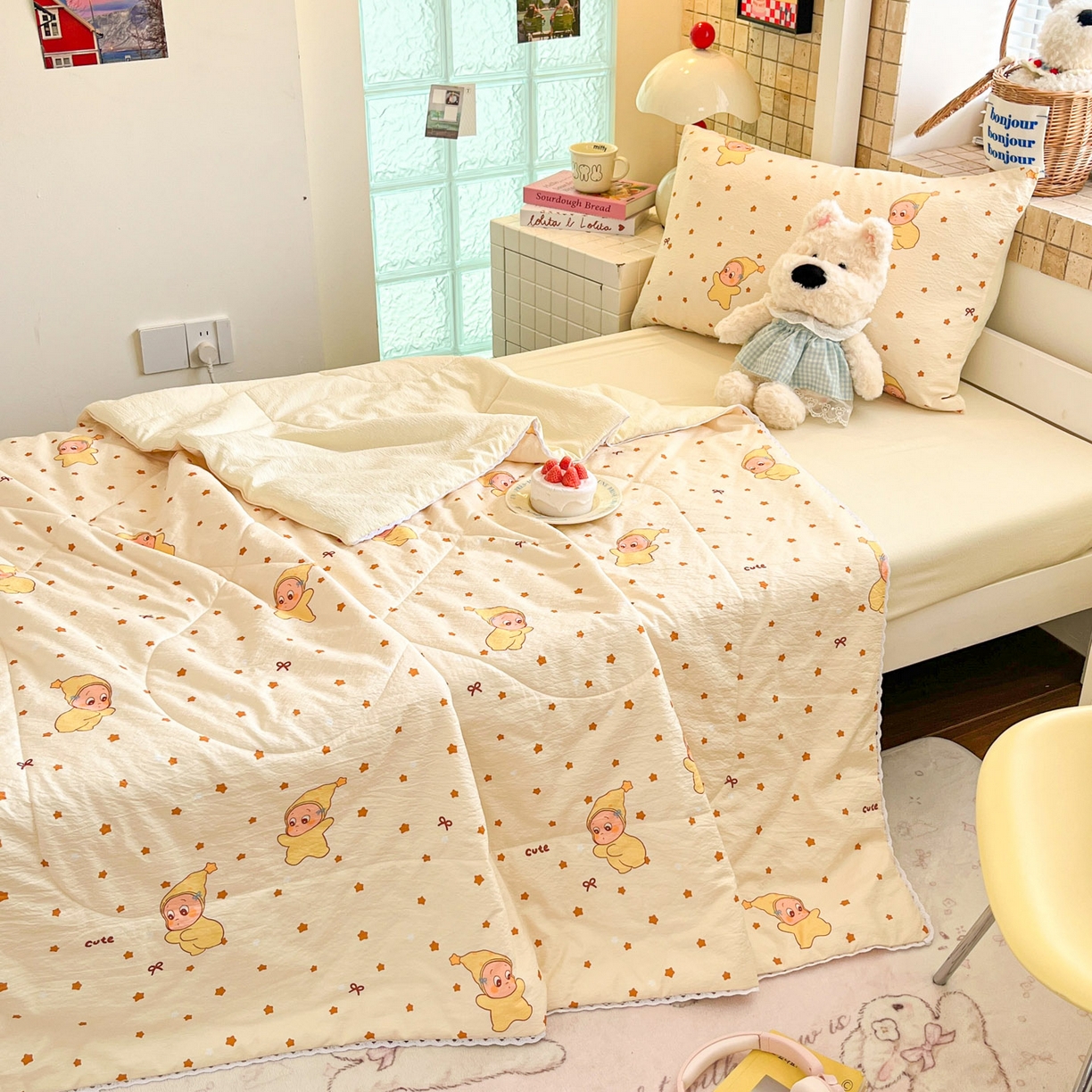 91家纺网 家纺一手货源 找家纺 川悦生活 2026春夏新款双层纱皱皱纱学生床夏被夏凉被空调被三件套 夏被恰星星