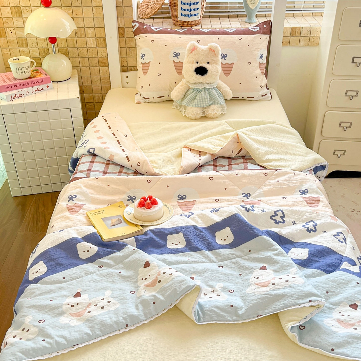 川悦生活 2026春夏新款双层纱皱皱纱学生床夏被夏凉被空调被三件套 夏被巧克力乐园