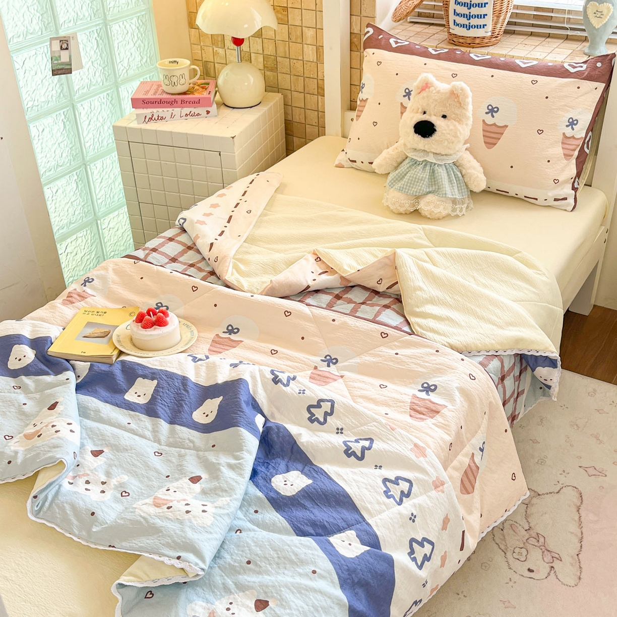 91家纺网 家纺一手货源 找家纺 川悦生活 2026春夏新款双层纱皱皱纱学生床夏被夏凉被空调被三件套 夏被巧克力乐园