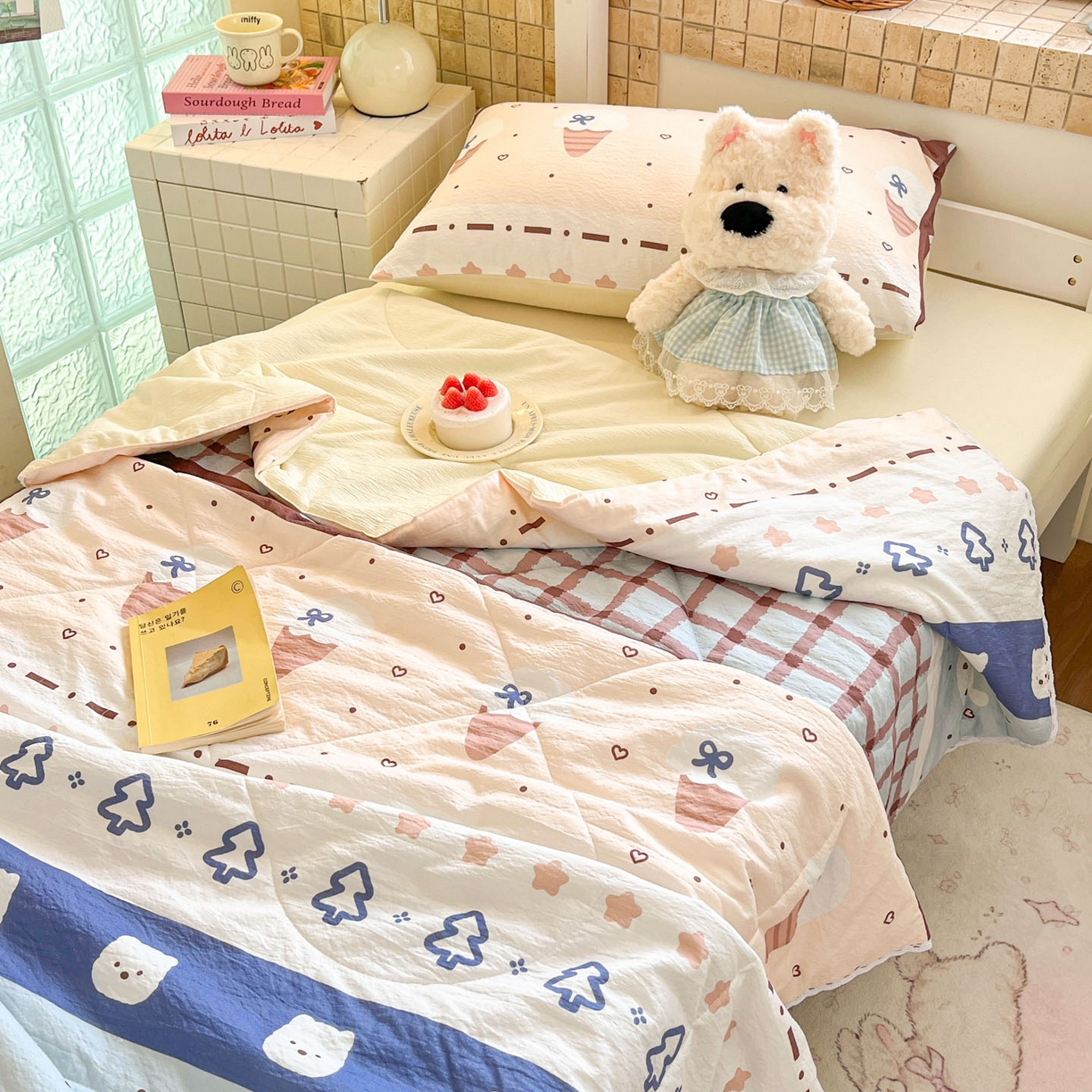 91家纺网 家纺一手货源 找家纺 川悦生活 2026春夏新款双层纱皱皱纱学生床夏被夏凉被空调被三件套 夏被巧克力乐园