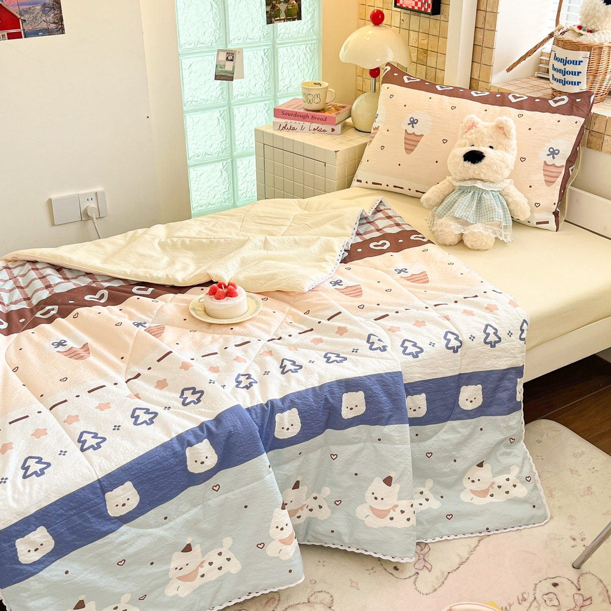 91家纺网 家纺一手货源 找家纺 川悦生活 2026春夏新款双层纱皱皱纱学生床夏被夏凉被空调被三件套 夏被巧克力乐园