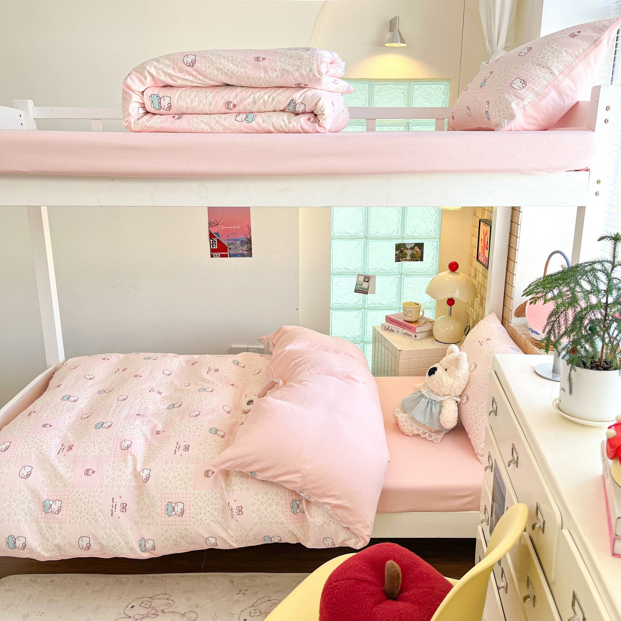 91家纺网 家纺一手货源 找家纺 川悦生活 2026新款双层纱皱皱纱学生床三件套 奶油糕糕喵