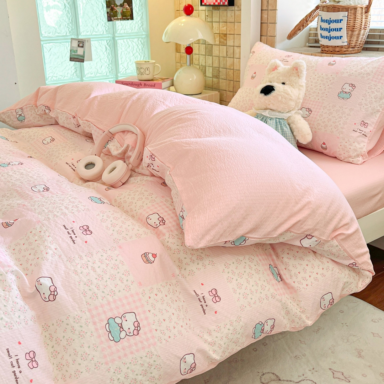 91家纺网 家纺一手货源 找家纺 川悦生活 2026新款双层纱皱皱纱学生床三件套 奶油糕糕喵