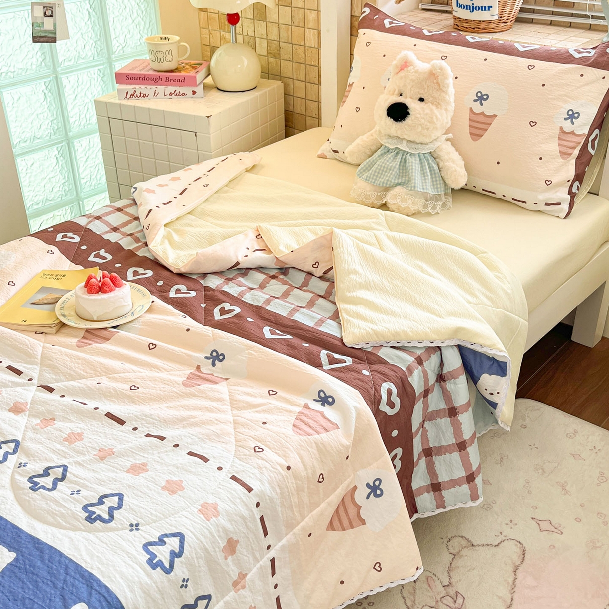 91家纺网 家纺一手货源 找家纺 川悦生活 2026春夏新款双层纱皱皱纱学生床夏被夏凉被空调被三件套 夏被巧克力乐园