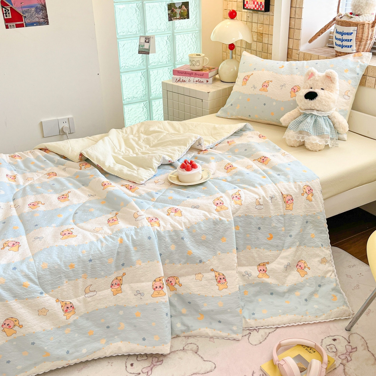 91家纺网 家纺一手货源 找家纺 川悦生活 2026春夏新款双层纱皱皱纱学生床夏被夏凉被空调被三件套 夏被数星星