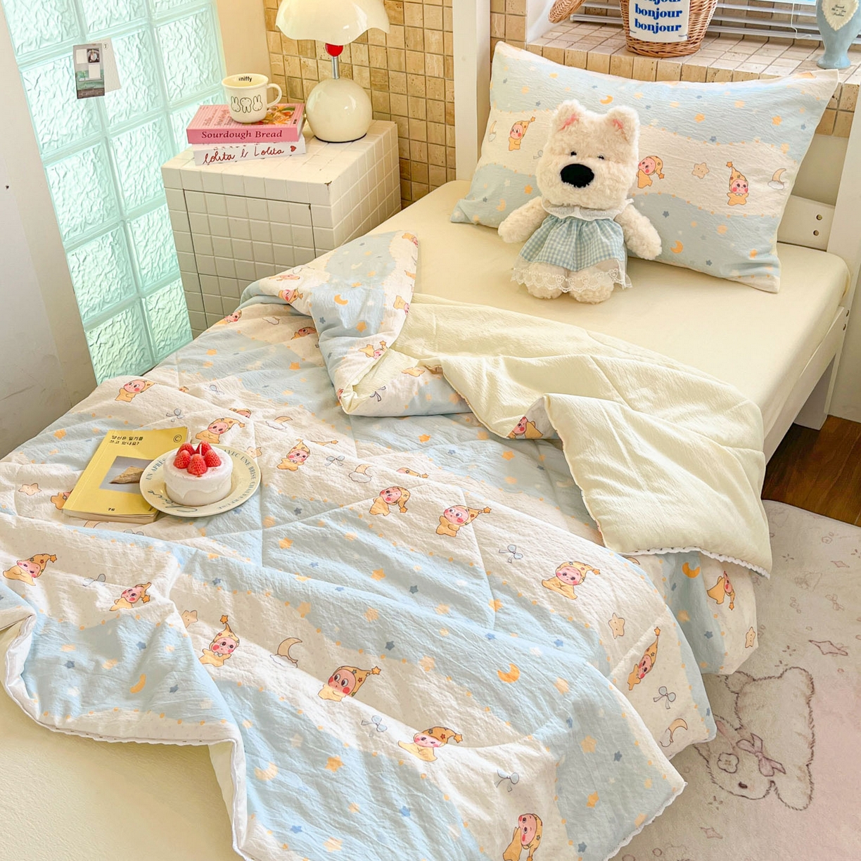 91家纺网 家纺一手货源 找家纺 川悦生活 2026春夏新款双层纱皱皱纱学生床夏被夏凉被空调被三件套 夏被数星星