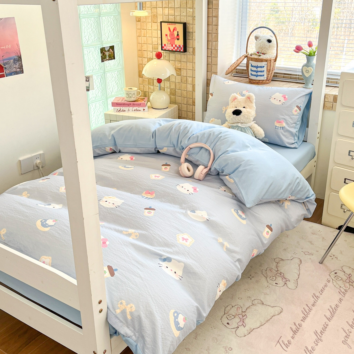 91家纺网 家纺一手货源 找家纺 川悦生活 2026新款双层纱皱皱纱学生床三件套 汽水小咪