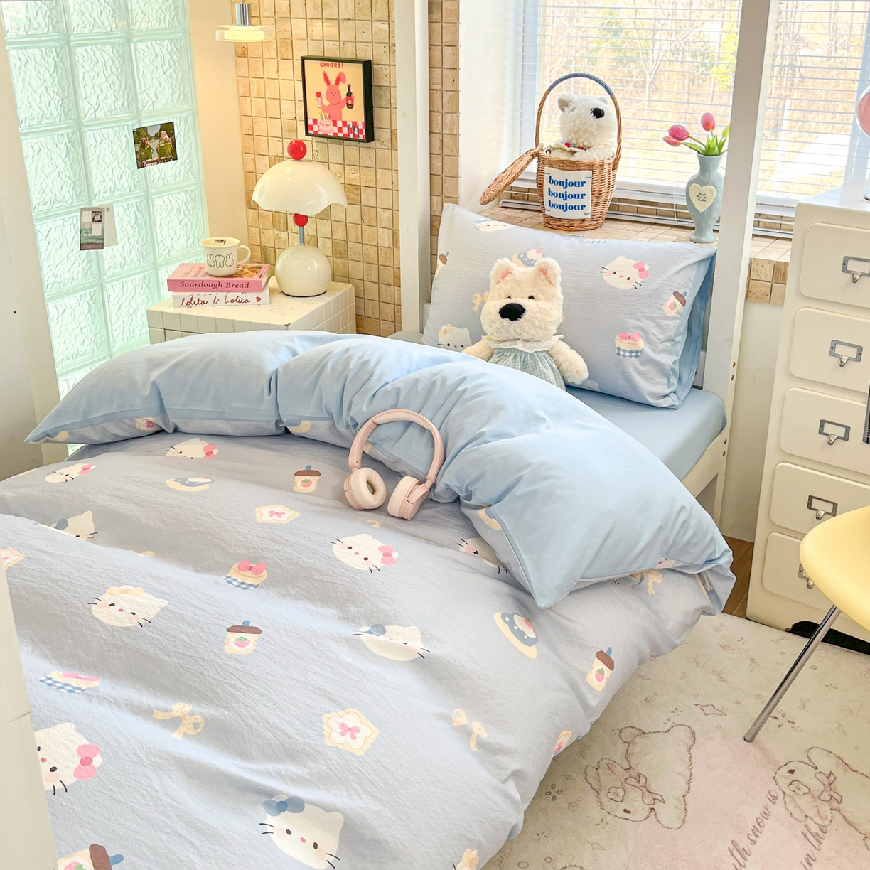 91家纺网 家纺一手货源 找家纺 川悦生活 2026新款双层纱皱皱纱学生床三件套 汽水小咪