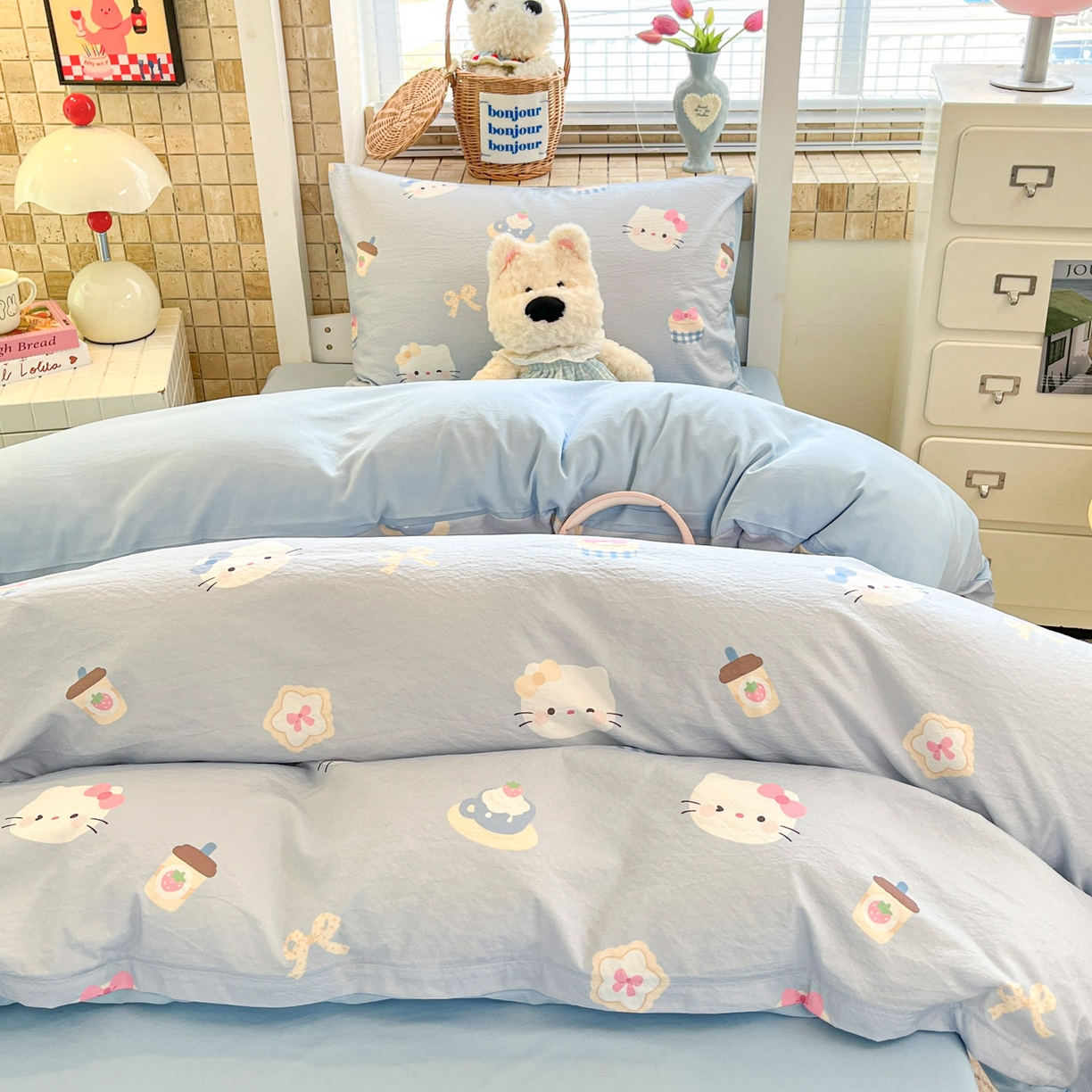 91家纺网 家纺一手货源 找家纺 川悦生活 2026新款双层纱皱皱纱学生床三件套 汽水小咪