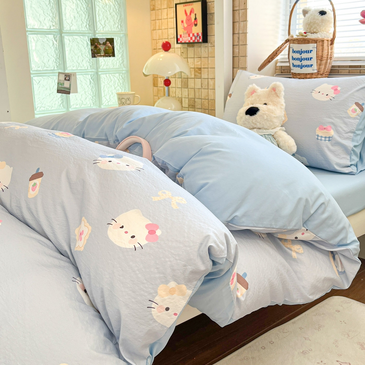 91家纺网 家纺一手货源 找家纺 川悦生活 2026新款双层纱皱皱纱学生床三件套 汽水小咪