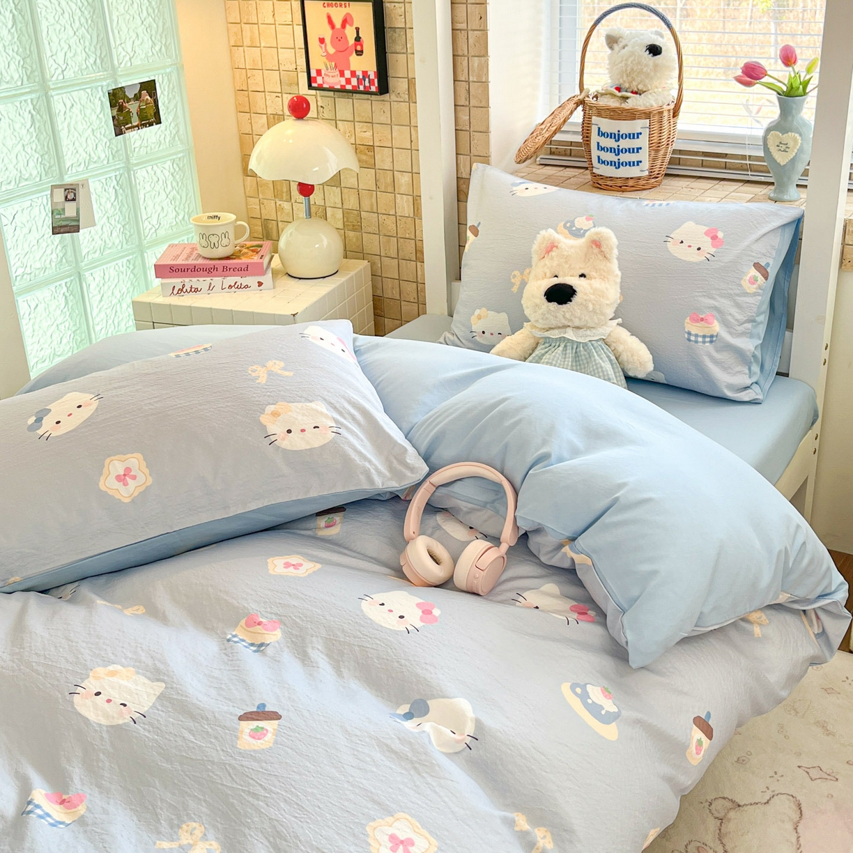 91家纺网 家纺一手货源 找家纺 川悦生活 2026新款双层纱皱皱纱学生床三件套 汽水小咪