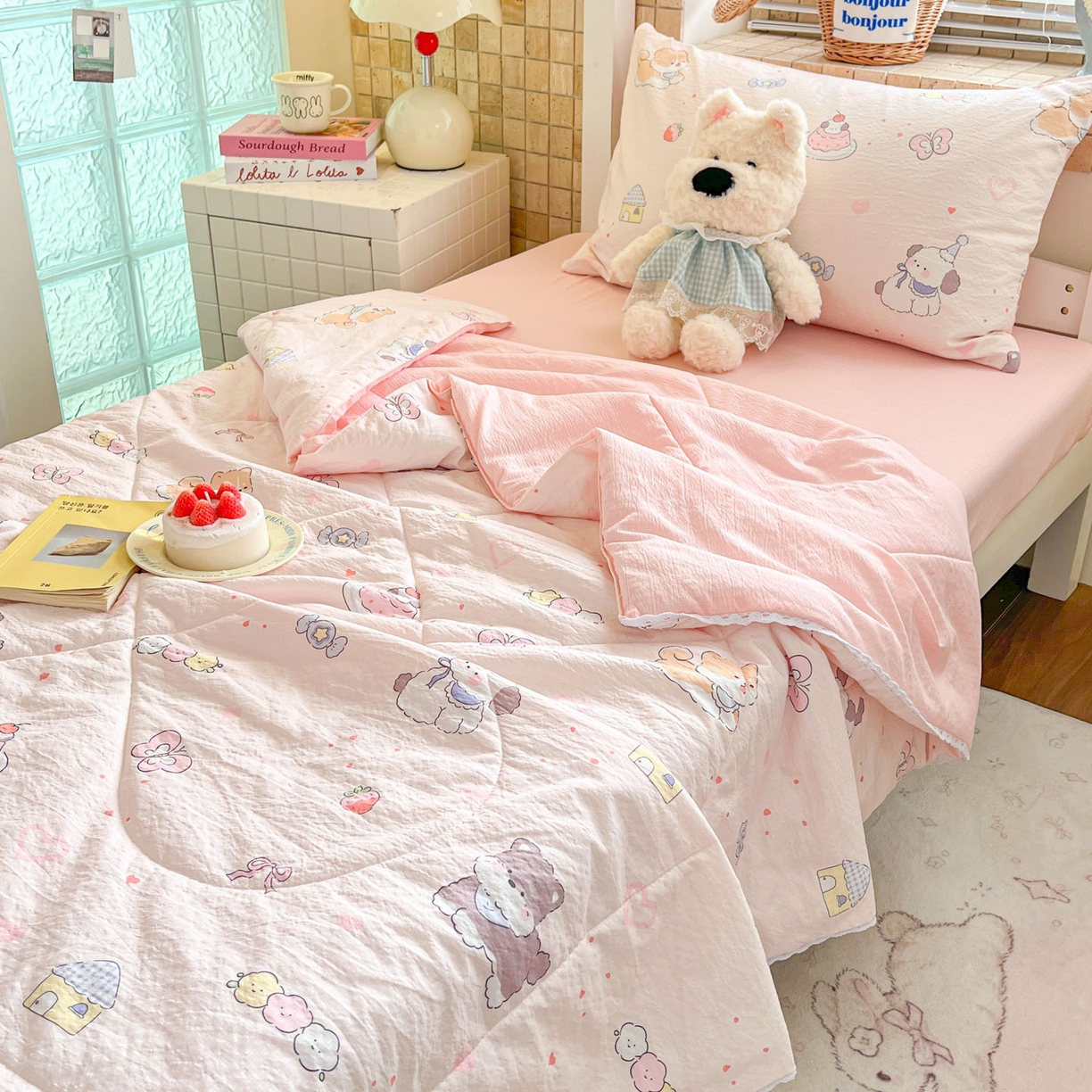 91家纺网 家纺一手货源 找家纺 川悦生活 2026春夏新款双层纱皱皱纱学生床夏被夏凉被空调被三件套 夏被糖豆小旺