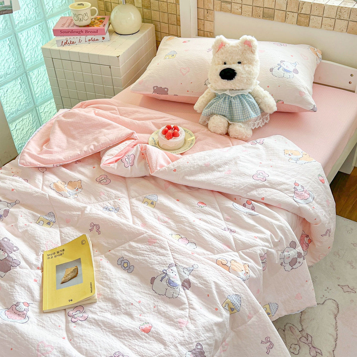 91家纺网 家纺一手货源 找家纺 川悦生活 2026春夏新款双层纱皱皱纱学生床夏被夏凉被空调被三件套 夏被糖豆小旺