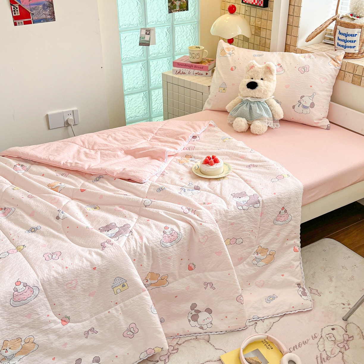 91家纺网 家纺一手货源 找家纺 川悦生活 2026春夏新款双层纱皱皱纱学生床夏被夏凉被空调被三件套 夏被糖豆小旺