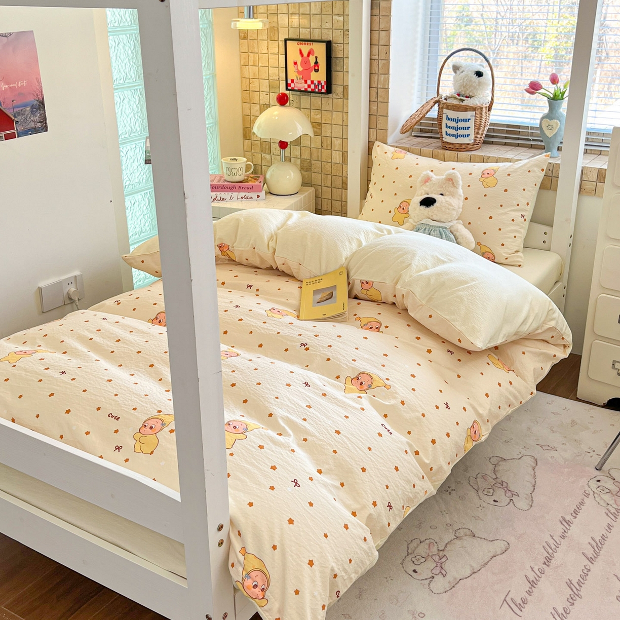 91家纺网 家纺一手货源 找家纺 川悦生活 2026新款双层纱皱皱纱学生床三件套 恰星星