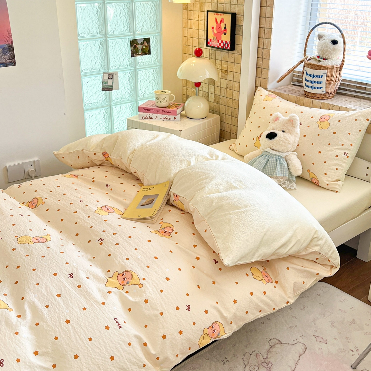 91家纺网 家纺一手货源 找家纺 川悦生活 2026新款双层纱皱皱纱学生床三件套 恰星星